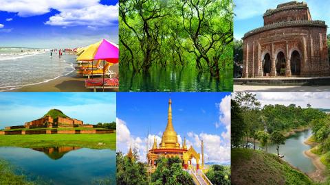 A collage of six scenic locations in Bangladesh showcases diverse landscapes, including a beach, swamp forest, temple, archaeological site, golden pagoda, and river valley.