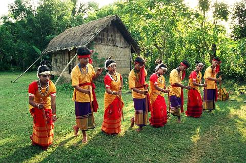 A group of seven people in traditional clothing are performing a dance with wooden sticks in a grassy field with a small hut in the background.