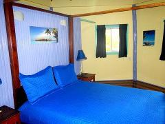 A cozy bedroom features a four-poster bed with bright blue bedding and pillows, complemented by tropical artwork on the wall and dark curtains framing a window.