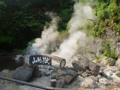 A steamy outdoor scene with a wooden sign, likely indicating a hot spring or geothermal area, surrounded by rocks and lush greenery.