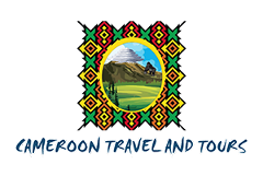 Here's a description of the image:The image is a logo for "Cameroon Travel and Tours" featuring a colorful, stylized landscape scene inside an oval frame with African-inspired patterns, all set against a black background.