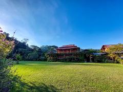A lush green lawn leads to wooden buildings nestled amidst trees under a clear blue sky, with a hillside in the background and purple flowers in the foreground.