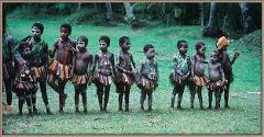 A group of children, likely in Papua New Guinea, are dressed in traditional attire with painted faces and grass skirts, standing in a field, possibly for a cultural event related to the Sepik River or Crocodile Festival.