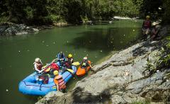 White Water Rafting the Samana River A group of people in a blue raft and an orange kayak are seen on a green river, with two people on the rocky bank to the right, surrounded by foliage and a scattering of yellow petals.