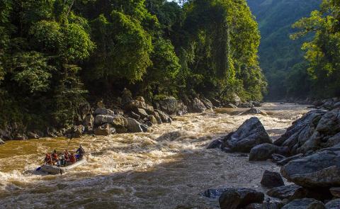 A group of people are whitewater rafting on a turbulent river surrounded by lush green forests and rocky banks.