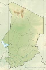 This is a topographical map of Chad, featuring elevation gradients, river systems, administrative boundaries, and a grid with latitude and longitude coordinates.
