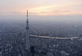 A tall tower, likely Tokyo Skytree, rises above a sprawling city landscape at dawn or dusk, with a soft, muted sky in the background.