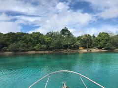 A tropical scenery shot from a boat featuring turquoise waters, lush green shoreline trees, and a partly cloudy sky.