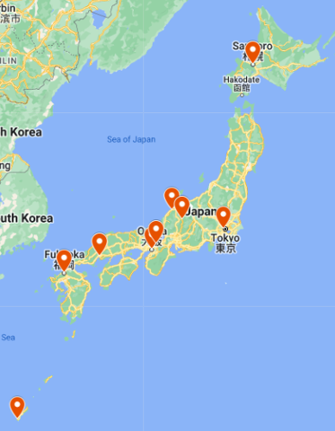 This is a map showing Japan and parts of Korea and Russia, with orange markers highlighting various cities and locations, including Sapporo, Hakodate, Tokyo, Osaka, Fukuoka, and others. The Sea of Japan is labeled.