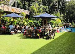 A vibrant outdoor dining area with families gathered around tables under umbrellas, adjacent to a swimming pool, and surrounded by lush greenery.