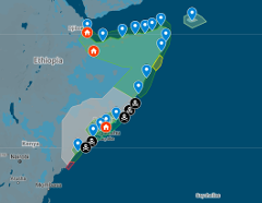 The image shows a map of Somalia and surrounding countries with various markers, including blue location pins, red house icons, and black skull-and-crossbones icons, indicating different points of interest or potential hazards.