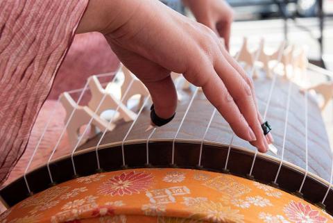 A person plays the koto, a Japanese stringed instrument, with picks on their fingers.