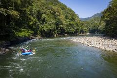 A group of people are rafting down a river surrounded by lush green forest.