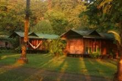 Here's a description of the image in one sentence and under 320 characters:Two wooden cabins bask in the golden sunlight amidst lush tropical foliage, with a hammock strung between trees in the foreground, creating a serene, inviting scene.