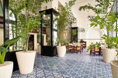 Panama City and San Blas Here's a description of the image:A spacious and elegant interior with blue patterned tiles, potted plants, and dining tables, creating a bright and airy atmosphere.