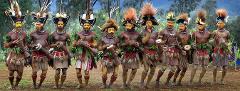A group of men dressed in traditional Papua New Guinean attire, complete with face paint, elaborate headdresses, and grass skirts, stand in a line outdoors, each holding a musical instrument.