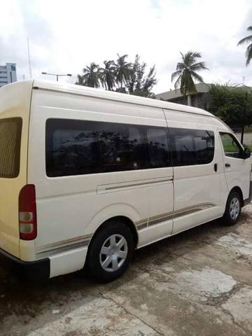 A white Toyota HiAce van parked on a concrete surface, with palm trees and buildings in the background, under a cloudy sky.