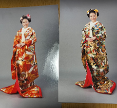 Traditional Japanese Wedding Ceremony & Kimono Experience – 1-Day Tokyo Tour Two portraits of a woman in traditional Japanese wedding kimonos, one red and one multi-colored, against a gray background.