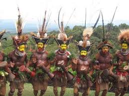 Here's a description of the image, staying within the character limit:A group of men in traditional tribal attire from Papua New Guinea, featuring elaborate headdresses, body paint, and grass skirts, stand together, likely performing a cultural dance or ceremony.