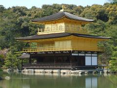 A gilded, multi-tiered Japanese temple with a dark roof rises majestically from the serene water, surrounded by lush greenery.