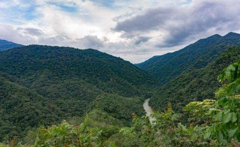A lush, green valley is framed by mountains and a cloudy sky, with a winding river flowing through the bottom.