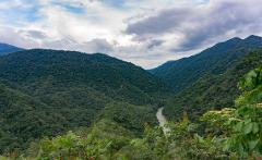 A lush, green valley is framed by mountains and a cloudy sky, with a winding river flowing through the bottom.