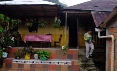 A woman descends stone steps near a building with a covered porch decorated with hanging plants and flowers.
