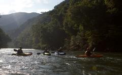 Four people are kayaking on a river surrounded by mountains covered in lush green trees.