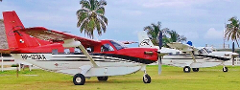 Two small planes, one red and white with the tail number HP-123AA, sit on a grassy field near palm trees in Panama.