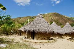 A sunny scene captures a group of indigenous round huts with thatched roofs, set against a backdrop of rolling, sun-drenched hills and a bright blue sky with scattered clouds.