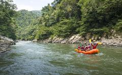 A group of people is whitewater rafting down a river surrounded by lush green trees and rocky banks.