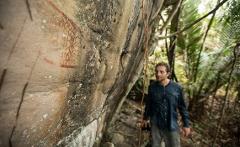 A man stands near a rock face adorned with ancient petroglyphs, surrounded by lush jungle vegetation.
