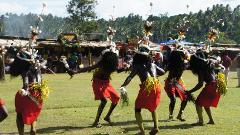 A group of men in traditional costumes and body paint are dancing in a field, likely as part of a festival or ceremony.