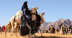 Camels adorned with riders in traditional garb proceed in a desert setting, with a crowd of spectators and striking rock formations in the backdrop.