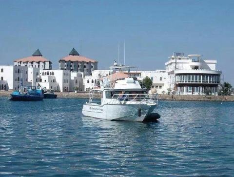 A serene scene featuring two boats on calm blue water, with striking white buildings with distinctive rooftops lining the coast.