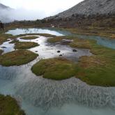 Sierra Nevada del Cocuy - 7 Day Trek A scenic view of a high-altitude wetland with turquoise water, grassy hummocks, and a mountain backdrop under a cloudy sky.