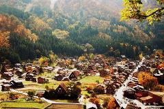 A high-angle shot captures a quaint Japanese village nestled amid vibrant autumn foliage and dense evergreen forests.