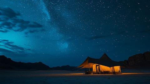 A tent glows warmly under a starry night sky in a desert landscape.