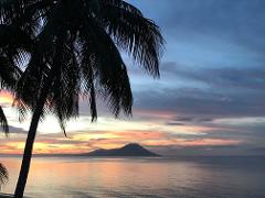 A breathtaking sunset over the ocean is framed by the silhouette of a palm tree, with a distant island adding depth to the serene scene.