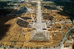 This is an aerial view of the Teotihuacan pyramids in Mexico, showing the Pyramid of the Sun, the Pyramid of the Moon, and the Avenue of the Dead.