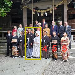A group of people are standing on the steps of a Japanese shrine, including a wedding couple framed in yellow, with additional labels "4" and "55".