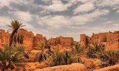 A landscape showcasing an ancient mud-brick village ruins with palm trees beneath a cloudy sky, bathed in warm, earthy tones.