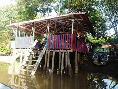 Whale Watching Day Tour - Bocagrande A stilt house with a colorful red and blue railing stands in the water, accessible by stairs, with a boat nearby on the muddy bank.