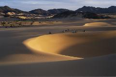 A panoramic view of the vast Ténéré Desert featuring large sand dunes, scattered vehicles, and distant mountains under a partly cloudy sky.