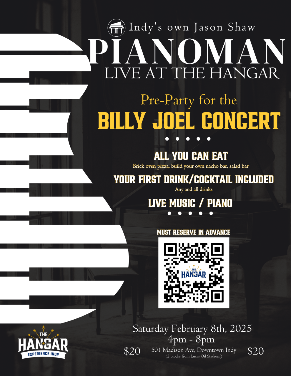 PianoMan (Billy Joel Pre-Party) @ The Hangar (LIVE Music, Food & Drink INCLUDED)