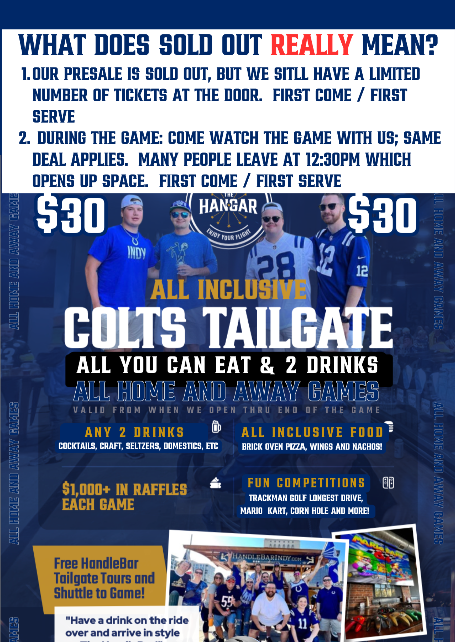 All-Inclusive Colts Tailgate @ The Hangar (HandleBar Tour, Drinks & food INCLUDED)