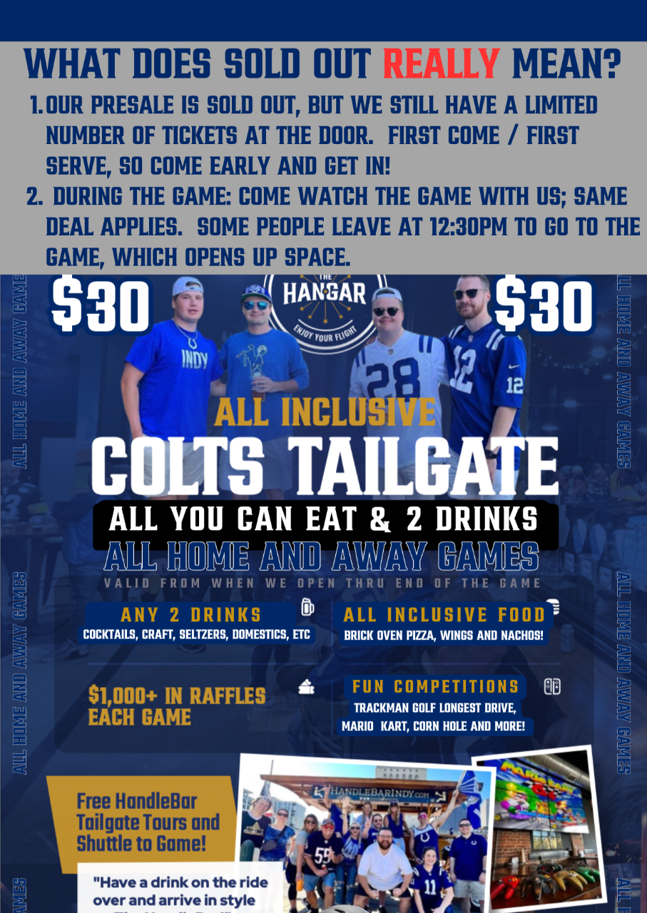 All-Inclusive Colts Tailgate @ The Hangar (HandleBar Tour, Drinks & food INCLUDED)