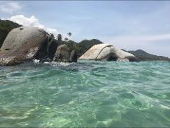 Tayrona Park & Playa Cristal Full Day Tour Clear turquoise water surrounds large, smooth rocks on a tropical beach with palm trees and green hills under a partly cloudy sky.