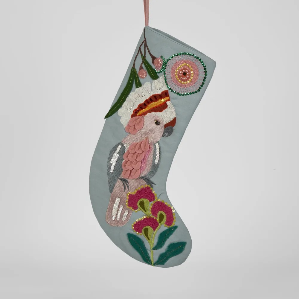 Light Blue Galah Embroidered Australiana Christmas Stocking