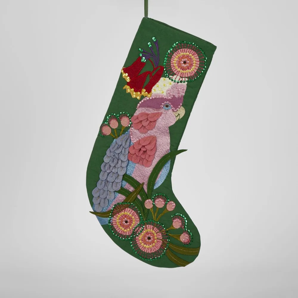 Green Parrot Embroidered Australiana Christmas Stocking